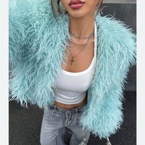 Women’s Fluffy teal blue jacket -Like new XS